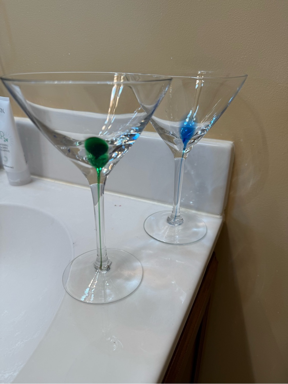 Source Unknown Clear Martini Glasses with Green and Blue Stem Accents